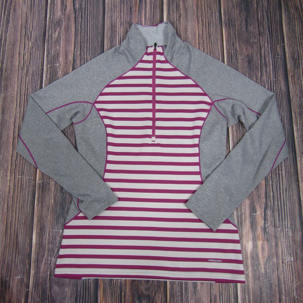 Patagonia‎ Womens XS Pink Gray Striped Midweight 1/4 Zip Jacket Outdoors Hiking